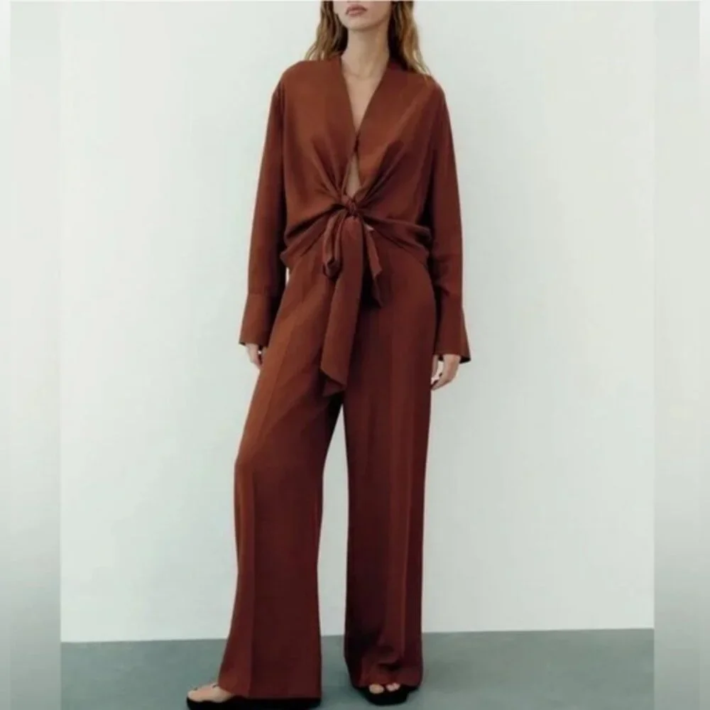 NWT ZARA Wide Leg Flowy Back Elastic Waist Pants Flying FabricCooper 9479/054 XL